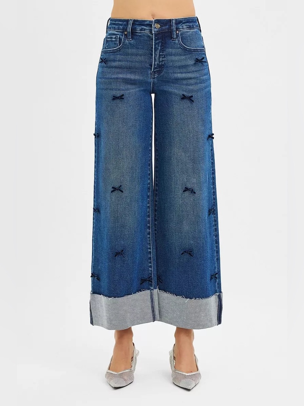 RISEN High Rise Crop Wide Leg Ribbon Detail Jeans Size 24